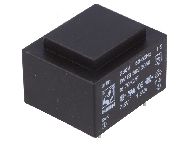 Transformator: ingegoten; 1,5VA; 230VAC; 7,5V; 200mA; PCB; BVEI Transformator: ingegoten; 1,5VA; 230VAC; 7,5V; 200mA; PCB; BVEI